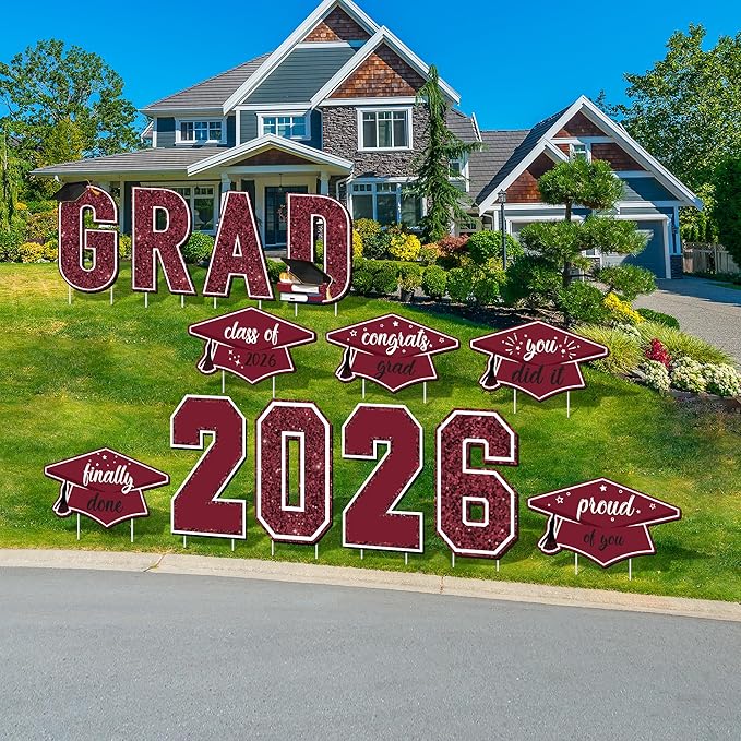 Aneco Waterproof 2026 Grad Yard Signs Plastic Graduation Yard Signs Party Outdoor Lawn Decorations 16 Inches Glitter Congrats Grad Lawn Sign with Stakes for Outdoor Party Garden Decor (Maroon)