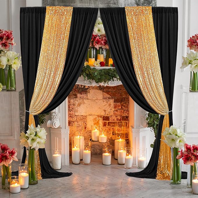 40ftx8ft Wrinkle Free Black Backdrop Curtains for Parties, 8 Panels 5×8ft Soft Silky Polyester Drapes for Backdrop Decor Party Graduation Halloween Wedding Photo Photograhy Stage Background Curtain