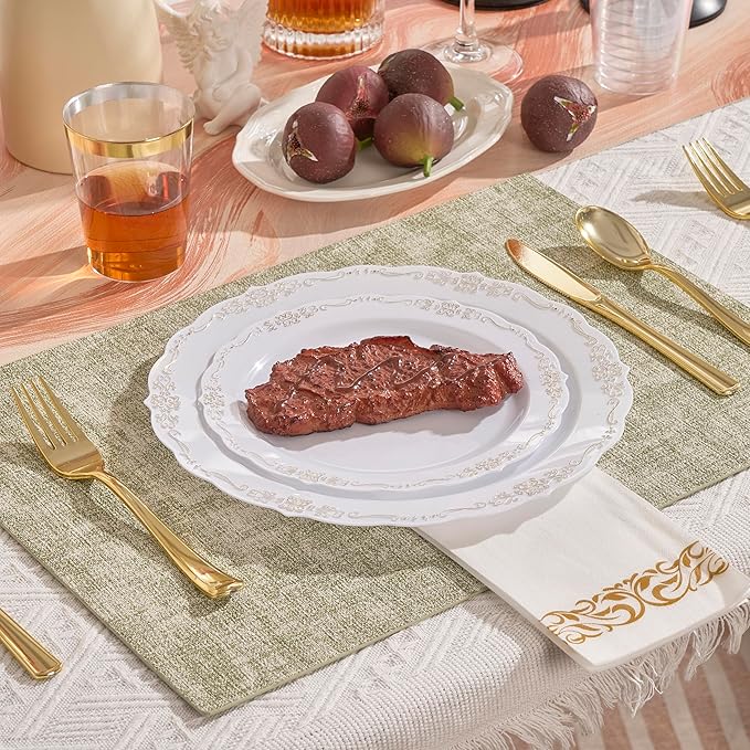 350 PCS White and Gold Disposable Plates, Elegant Dinnerware Set for 50 Guests, 100 Plastic Plates, 150 Silverware, 50 Cups & 50 Paper Napkins, White and Gold