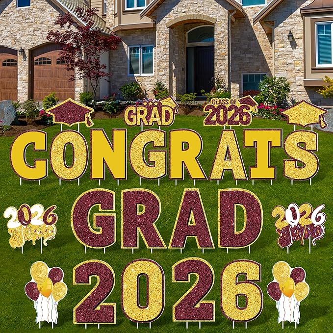 ANVAVO 2026 Congrats Grad Yard Signs Graduation Waterproof Decorations Graduation Yard Sign Decorations Grad Party Outdoor Lawn Decor with Stakes, Maroon and Gold