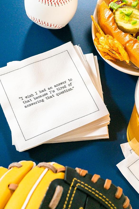 Five Star Funny Yogi Berra Quotes | White Cotton Cocktail Napkins | 50 Luxury Disposable Beverage Napkins with Witty Bar Quotes | Drink Napkins for Parties, Bars, Weddings & Game Nights