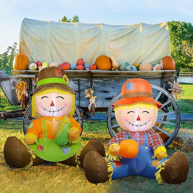 Lulu Home 3.3FT Fall Inflatable Decoration, Set of 2 Air Blown Scarecrow Couples with Built-in LED Lights for Harvest Indoor Outdoor Front Door Yard Lawn Garden Thanksgiving Decor