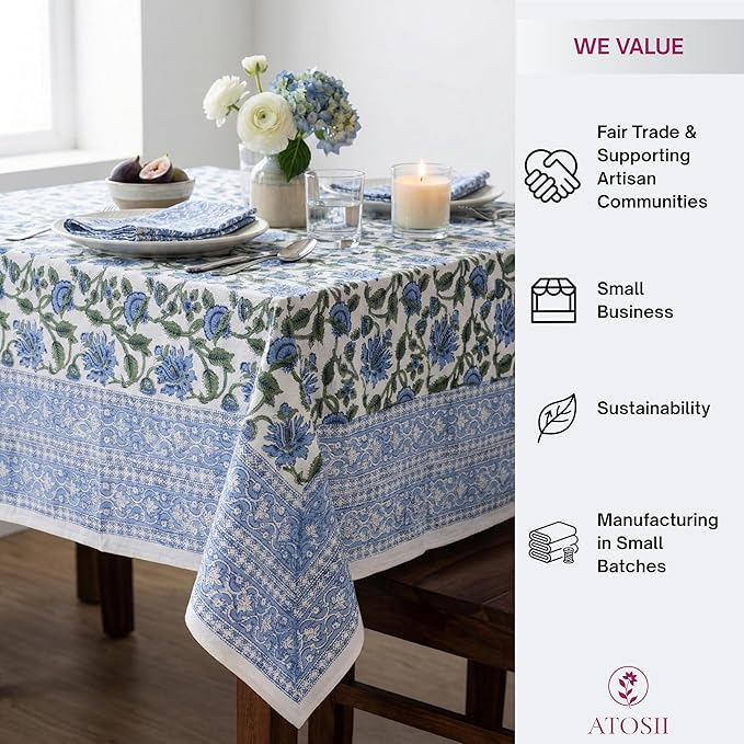 ATOSII Taj 100% Cotton Fall Autumn Tablecloth, Hand Block Print Floral Rectangle Table Cloth Linen for Dining Buffet Parties Weddings Outdoors Christmas Thanksgiving Decor 60 X 90 Inches, 6 Seater