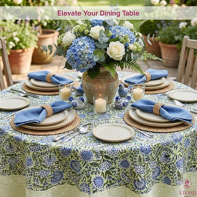 ATOSII Amara 100% Cotton Round Summer Tablecloth, Handblock Print Floral Table Cloth for Kitchen Dining Linen I Parties, Weddings, Outdoors I Grand Millennial Farmhouse Home Decor 90" Inches Round