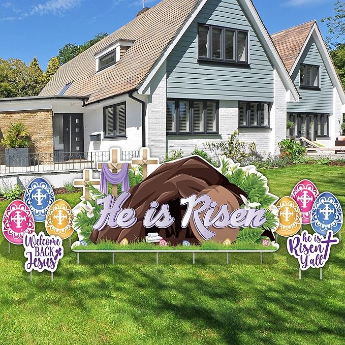9 Pcs He Is Risen Easter Yard Sign Set 72x36 Inches Religious Easter Decorations Outdoor with Stakes Jesus' Tomb Easter Decoration Waterproof Christian Easter Lawn Signs by VictoryStore