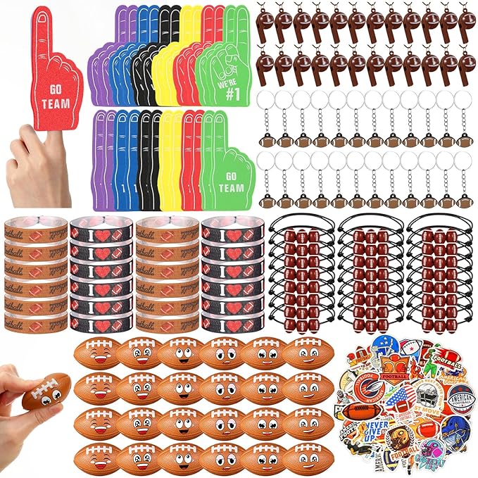Maxdot 194 Pcs Football Party Favors 24 Set Football Goodie Foam Finger Mini Face StressBall Keychain Bracelet Wristband Whistle Sticker for Kids Birthday Party Supplies Gift