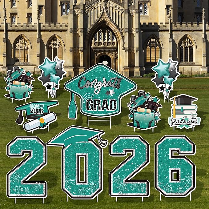 Large 11 PCS Graduation Yard Signs, Class of 2026 Congrats Grad Outdoor Lawn Yard Sign with Stakes, Graduate Yard Decorations for College High School Party, Teal