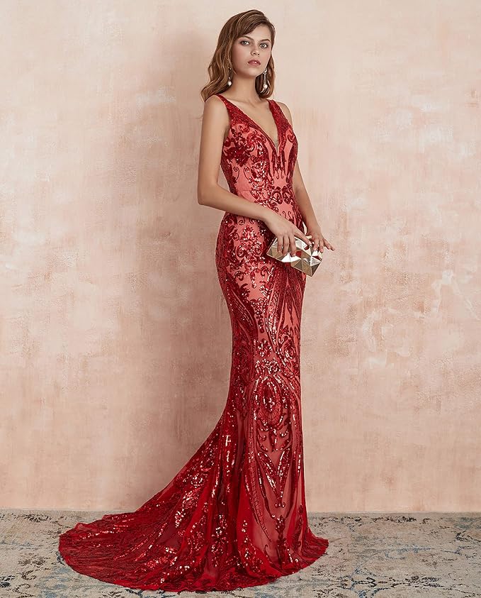 Women's Double V-Neck Sequins Lace-up Mermaid Evening Dress