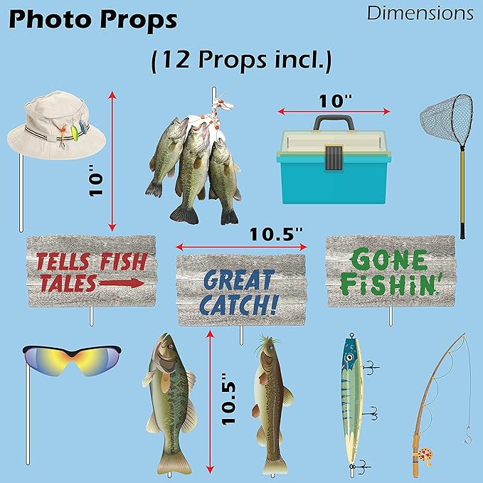 Havercamp Fishing Birthday Party Premium Decorations! Includes: Birthday Banner, Bass Centerpiece, 6 Bass Balloons, 12 Photo Props, 1 Cake Topper & 1 Heavy Duty Tablecover.