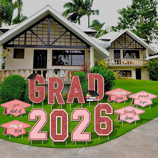 Aneco Waterproof 2026 Grad Yard Signs Plastic Graduation Yard Signs Party Outdoor Lawn Decorations 16 Inches Glitter Congrats Grad Lawn Sign with Stakes for Outdoor Party Garden Decor (Rose Gold)