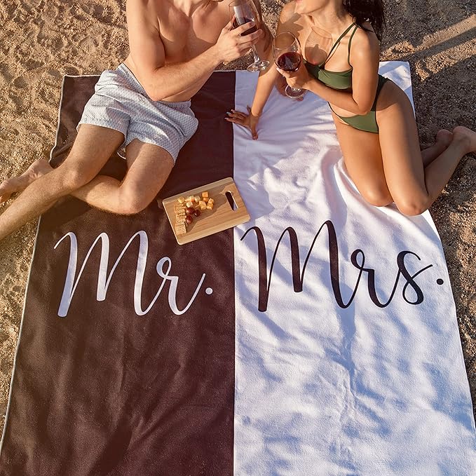 Mr and Mrs Beach Towel - Honeymoon Just Married Towel For Beach - Wedding Gift for Newlywed Couple - Shareable Bride and Groom Towel Set - Thin Travel Friendly His and Her Beach Towel - 78"x59"