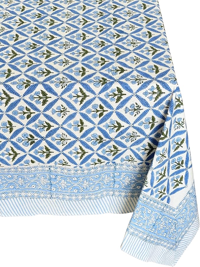 ATOSII Netta Blue 100% Cotton Rectangle Summer Tablecloth, Handblock Floral Print Linen Table Cloth for Kitchen Dining I Parties, Weddings, Outdoors, Decor 60 X 108 Inches, 8 Seater