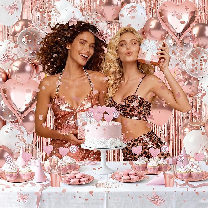 Sweet Rose Gold Birthday Party Decorations pack for Girls,Women-Happy Birthday Banners,Curtains Cake Topper decor,12pcs Butterfly,Plates Cups Napkins Straws for 25 Guest & More