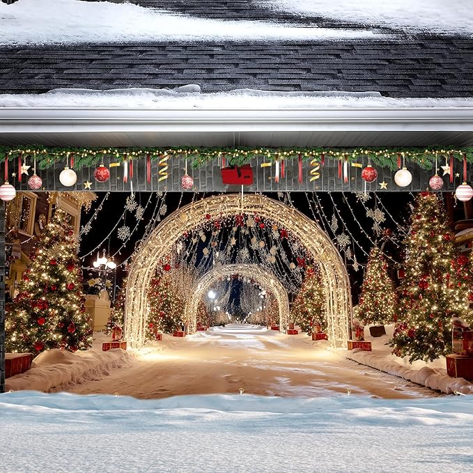 Christmas Light Tunnel Garage Door Banner 7x16FT, Night Street Xmas Cover for Outdoor Holiday Driveway & Party Decorations