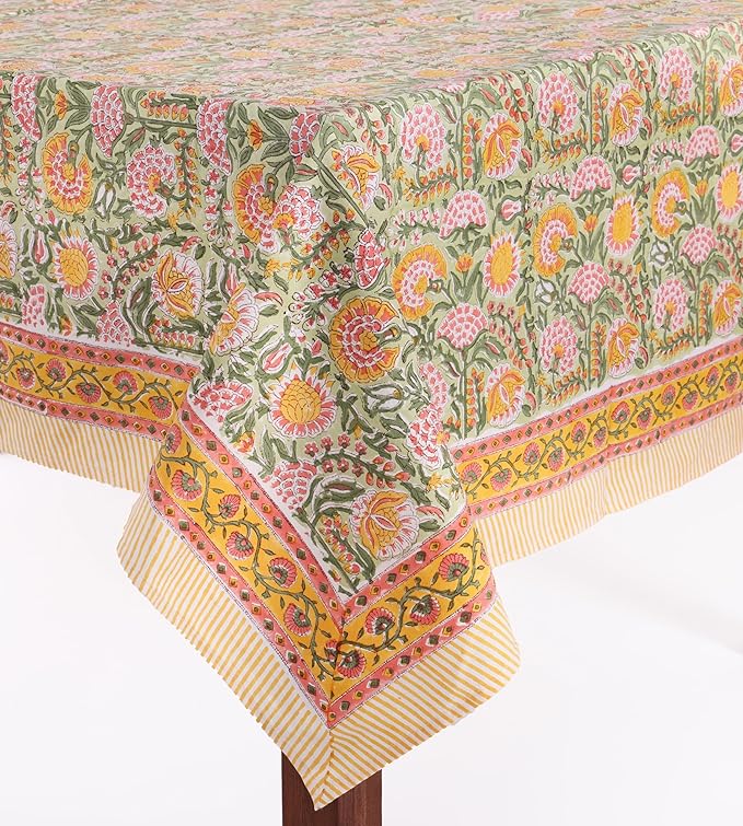 ATOSII Clover Green 100% Cotton Rectangle Fall Tablecloth, Handblock Floral Print Linen Table Cloth for Kitchen Dining I Parties, Weddings, Outdoors, Easter I Home Decor 60 X 108 Inches I 8 Seater