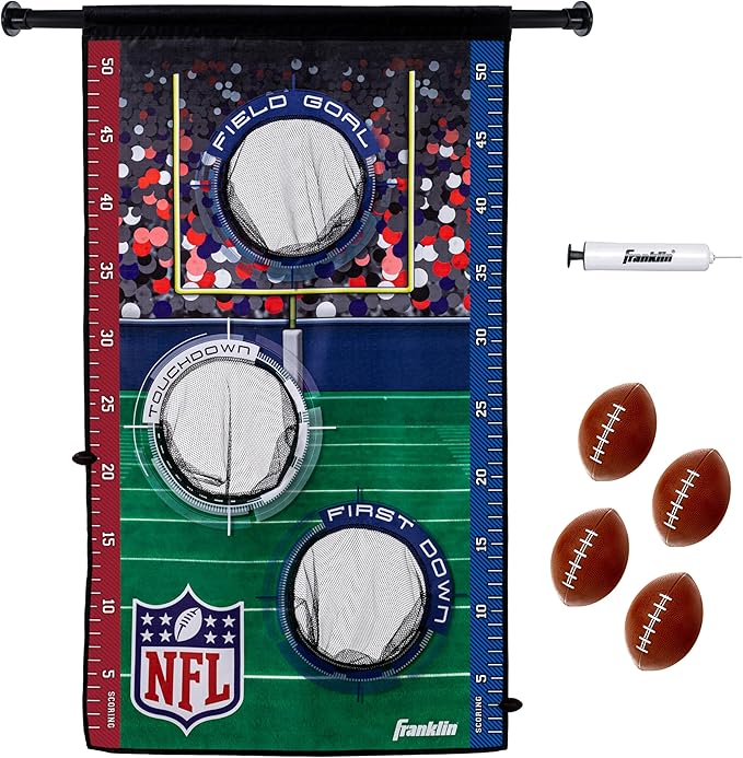 Franklin Sports NFL Mini Football Toss Target Game - NFL Door Jam Football Over The Door Target + (4) Mini Balls Set - 3 Hole Throwing Game for All Ages - Practice Passing + Aim