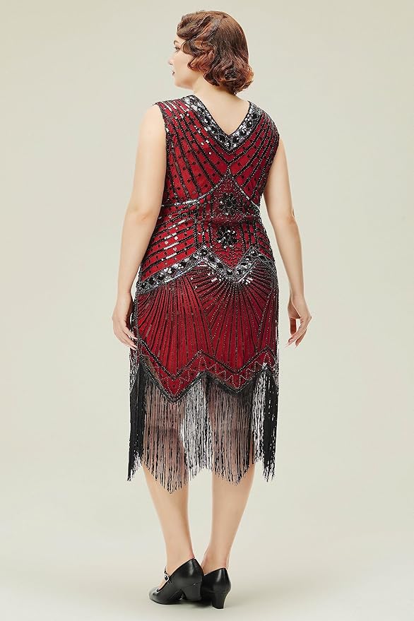 BABEYOND Women's Plus Size Flapper Dresses 1920s V Neck Beaded Fringed Great Gatsby Dress