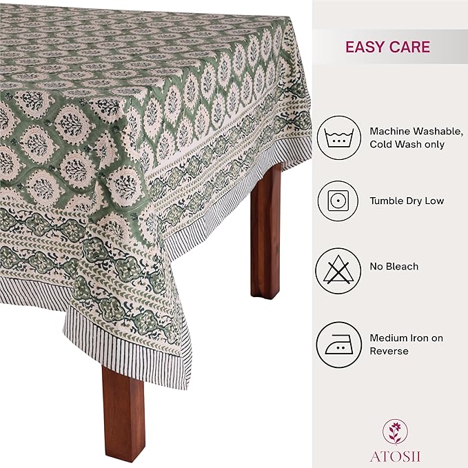 ATOSII Kari Green 100% Cotton Rectangle Boho Summer Tablecloth, Block Print Floral Table Cloth Linen for Dining, Parties, Wedding, Outdoors Home Decor 60 X 108 Inches I 8 Seater I