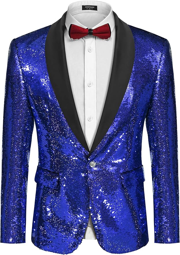 COOFANDY Mens Shiny Sequin Blazer Tuxedo Party Dinner Prom One Button Suit Jacket