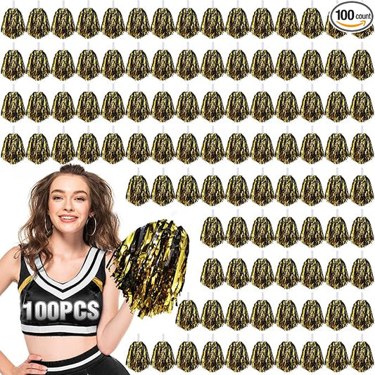 Hanaive 100Pcs Metallic Cheerleading Pom Poms with Baton Handle Cheerleader Pompom Foil 30g Cheering Squad Hand Flowers for Adults Team Spirit Sports Party Cheering