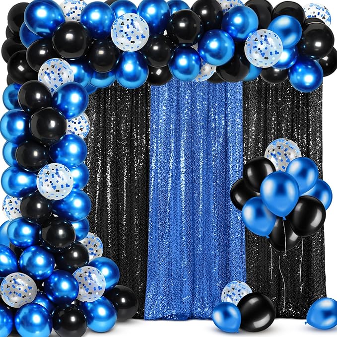 137 Pcs Blue Black Party Backdrop Kits - 4 Sequin Curtains Backdrop 133 Balloon Arch Kit, Glitter Photo Background for Birthday Christmas New Year Eve Wedding Anniversary Baby Shower