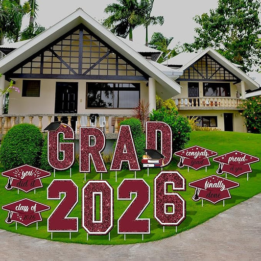 Aneco Waterproof 2026 Grad Yard Signs Plastic Graduation Yard Signs Party Outdoor Lawn Decorations 16 Inches Glitter Congrats Grad Lawn Sign with Stakes for Outdoor Party Garden Decor (Maroon)
