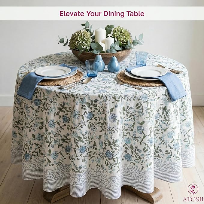 ATOSII Mahoka Blue 100% Cotton Round Tablecloth, Block Print Floral Table Cloth for Dining, Parties, Weddings, Outdoors, Holidays I 90" Inches, 6 Seater I Grandmillennial Farmhouse Boho Summer