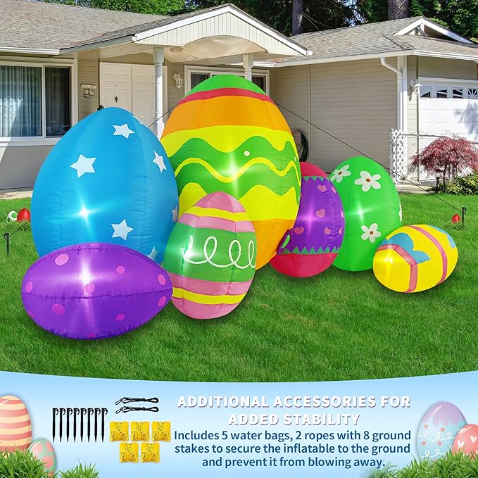 7FT Easter Inflatables Outdoor Decorations Giant Easter Eggs, Bright LED Lights Colorful Easter Blow Up Decor for Yard Indoor Outside Party Home Lawn Garden Porch Holiday
