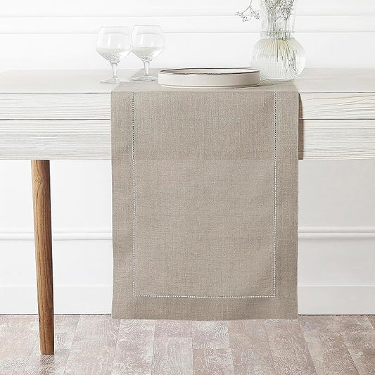 D'Moksha Homes Linen Natural Table Runner 90 Inches Long - Classic Hemstitch 100% Pure Linen Dining Table Runner 14 x 90 Inch for Valentines, Spring, Easter