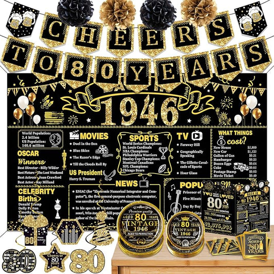80th Birthday Decorations for Men Women, 103 PCS Back in 1946 Decorations, Vintage 80th Birthday Party Tableware Set for men,Backdrops,Card, Banner, Paper Poms,Hanging Swirl, Tableware for 24 Guests