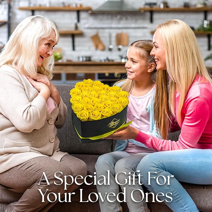 GLAMOUR BOUTIQUE 27 Flower Forever Heart Shape Box, Eternal Preserved Roses Gift for Her, Lasting Flowers, Premium Floral Heart Box for Birthday, Anniversary or Valentine’s Day, Yellow (Color-Treated)