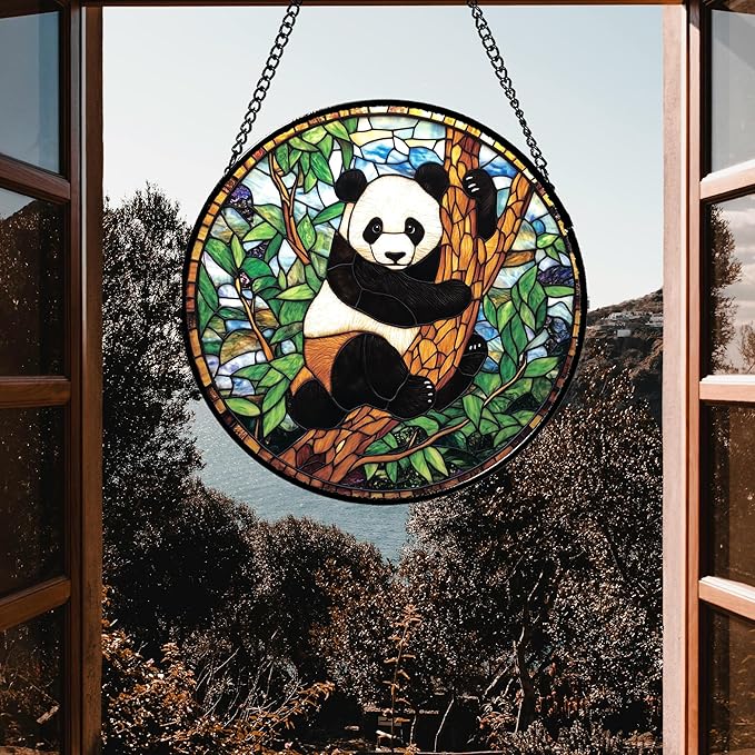 Stained Glass Window Hanging - Cute Panda Suncatcher for Doors Garden Patio Sun Catchers Decor Christmas Mother's Day Birthday Teenager Gifts for Women Men Mom Nana Friend 11.8 in