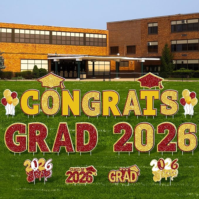 ANVAVO 2026 Congrats Grad Yard Signs Graduation Waterproof Decorations Graduation Yard Sign Decorations Grad Party Outdoor Lawn Decor with Stakes, Red and Gold