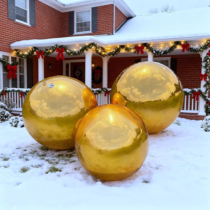 Gold Inflatable Mirror Ball, Big Shinny Mirror Balls Reusable Large PVC Disco Ball Balloon for Large Event Decoration, Party, Concerts, Stage, Wedding Decor, Without Air Pump(3 Pcs, 23.6in)