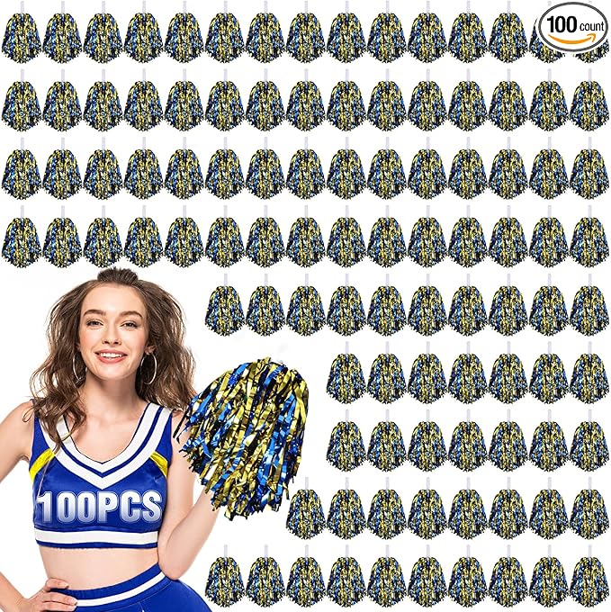 Hanaive 100Pcs Metallic Cheerleading Pom Poms with Baton Handle Cheerleader Pompom Foil 30g Cheering Squad Hand Flowers for Adults Team Spirit Sports Party Cheering