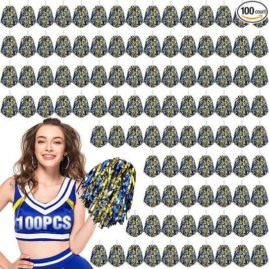Hanaive 100Pcs Metallic Cheerleading Pom Poms with Baton Handle Cheerleader Pompom Foil 30g Cheering Squad Hand Flowers for Adults Team Spirit Sports Party Cheering