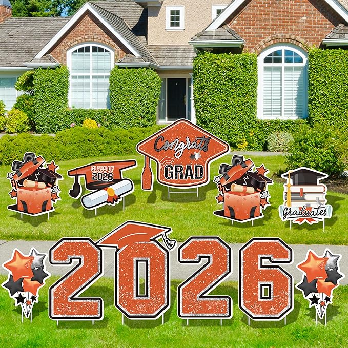Large 11 PCS Graduation Yard Signs, Class of 2026 Congrats Grad Outdoor Lawn Yard Sign with Stakes, Graduate Yard Decorations for College High School Party, Orange