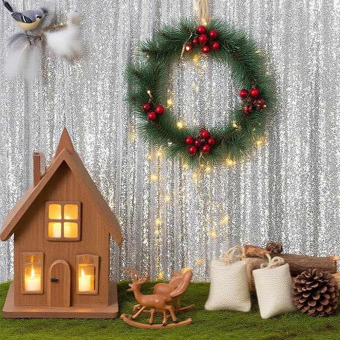 Silver Sequin Backdrop Curtain - 4PCS (2FTx8FT) Glitter Photo Background for Wedding, Christmas, Party, Baby Shower & Stage Decorations (Silver, 2x8ft 4 Panels)