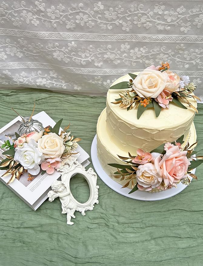 Marriwise 3Pcs Pre-made Cake Toppers Flowers, Champagne Wedding Cake Decoration,Artificial Flowers Decor for Wedding Ceremony Anniversary,Birthday Party,Outdoor Forest (Champagne)