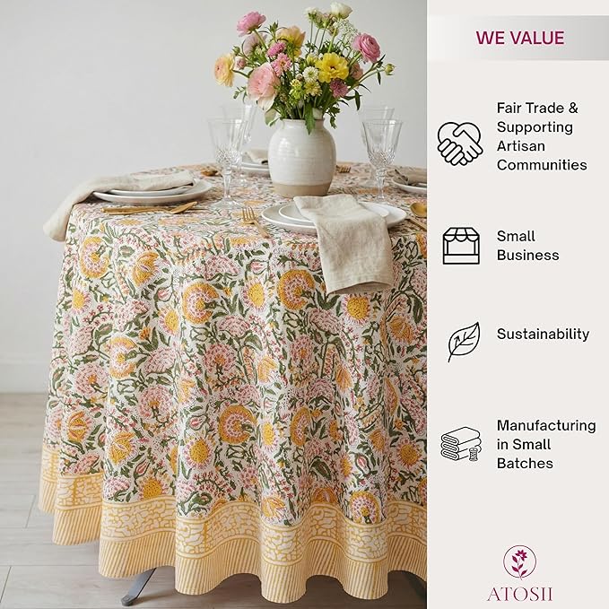 ATOSII Clover Yellow 100% Cotton Round Tablecloth, Handblock Print Floral Table Cloth for Kitchen Dining Linen I Parties, Weddings, Outdoors, Christmas, Thanksgiving I Fall Home Decor 60" Inches Round