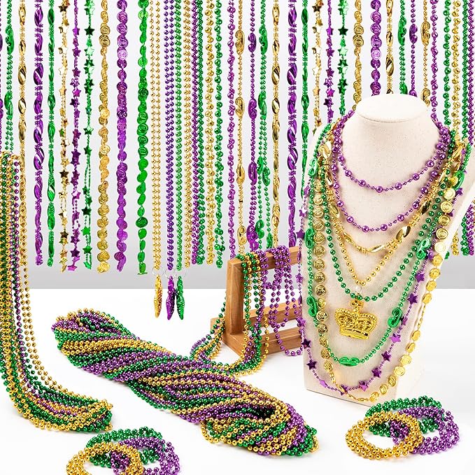 144PCS Mardi Gras Beads Throws, Mardi Gras Green Purple Gold Metallic Beads Necklaces Accessories Bulk, Mardi Gras Beads Necklace Costumes Women Men for Parade Throws Party Decor Favor Supplies