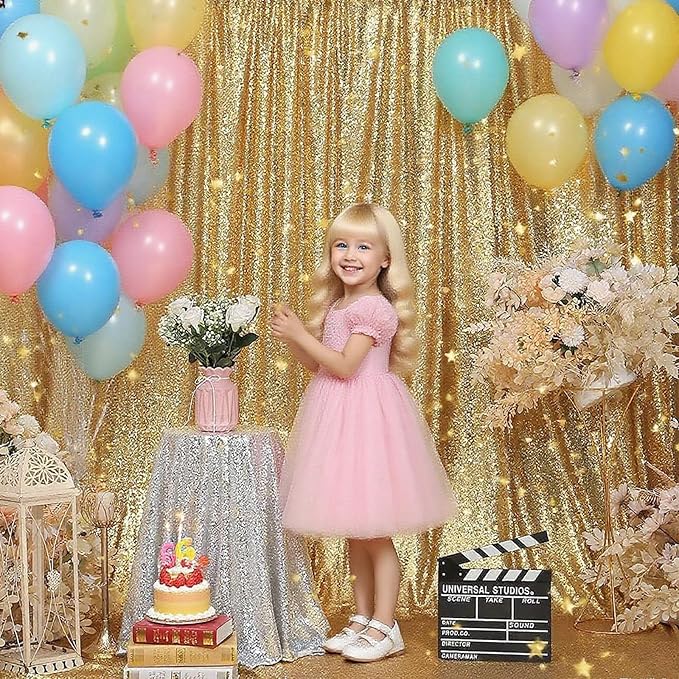 Gold Sequin Backdrop Curtain - 4PCS (2FTx8FT) Glitter Photo Background for Wedding, Christmas, Party, Baby Shower & Stage Decorations (Gold, 2x8ft 4 Panels)