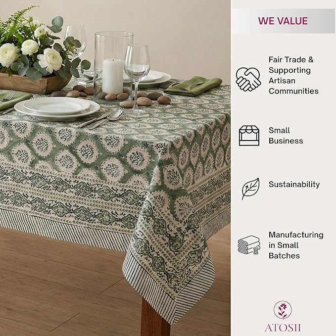ATOSII Kari Green 100% Cotton Square Boho Summer Tablecloth, Block Print Floral Table Cloth Linen for Dining, Parties, Wedding, Outdoors Home Decor 60 X 60 Inches I 4 Seater I