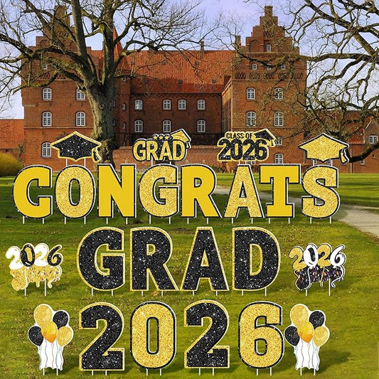ANVAVO 2026 Congrats Grad Yard Signs Graduation Waterproof Decorations Graduation Yard Sign Decor Grad Party Outdoor Lawn Decor with Stakes, Black and Gold