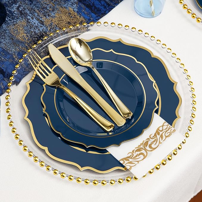 200 PCS Premium Blue Plastic Plates for 25 Guests, Heavy Duty Blue and Gold Disposable Plate, include 25 Plastic Dinner/Dessert Plates, 75 Silverware Set, 25 Cups, Straws for Party Christmas