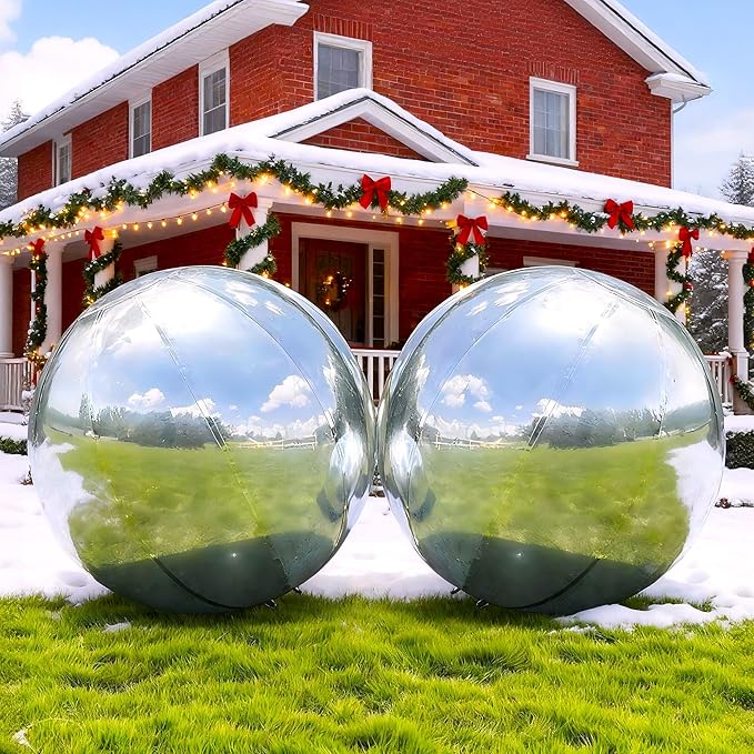 Silver Inflatable Mirror Ball, Big Shinny Mirror Balls Reusable Large PVC Disco Ball Balloon for Large Event Decoration, Party, Concerts, Stage, Wedding Decor, Without Air Pump(2 Pcs, 31.5in)