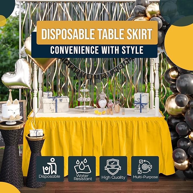 Exquisite Ruffle Table Skirt Yellow 12 Pack 14 Ft Long for Rectangle 6ft Plus or Round Tables With Adhesive Strip for Gender Reveal Decor & Happy Birthday Parties