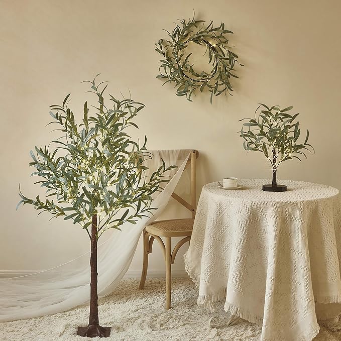 Hairui Lighted Artificial Olive Garland 6FT 96 LED Fairy Lights Battery Operated, Faux Vine Lights with Timer for Spring Christmas Holiday Fireplace Decoration