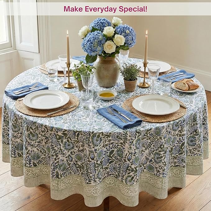 ATOSII Clover Blue 100% Cotton Round Boho Fall Tablecloth, Handblock Floral Table Cloth Linen for Kitchen Dining I Parties Weddings Outdoors Christmas Thanksgiving I 90" Inches Round I 6-8 Seater