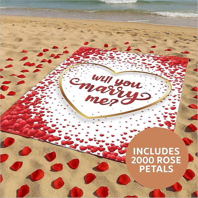 Proposal Blanket & 2,000 Artificial Rose Petals - 60 x 80” in - Wedding Proposal Kit - Will You Marry Me? Blanket For Engagement Decoration